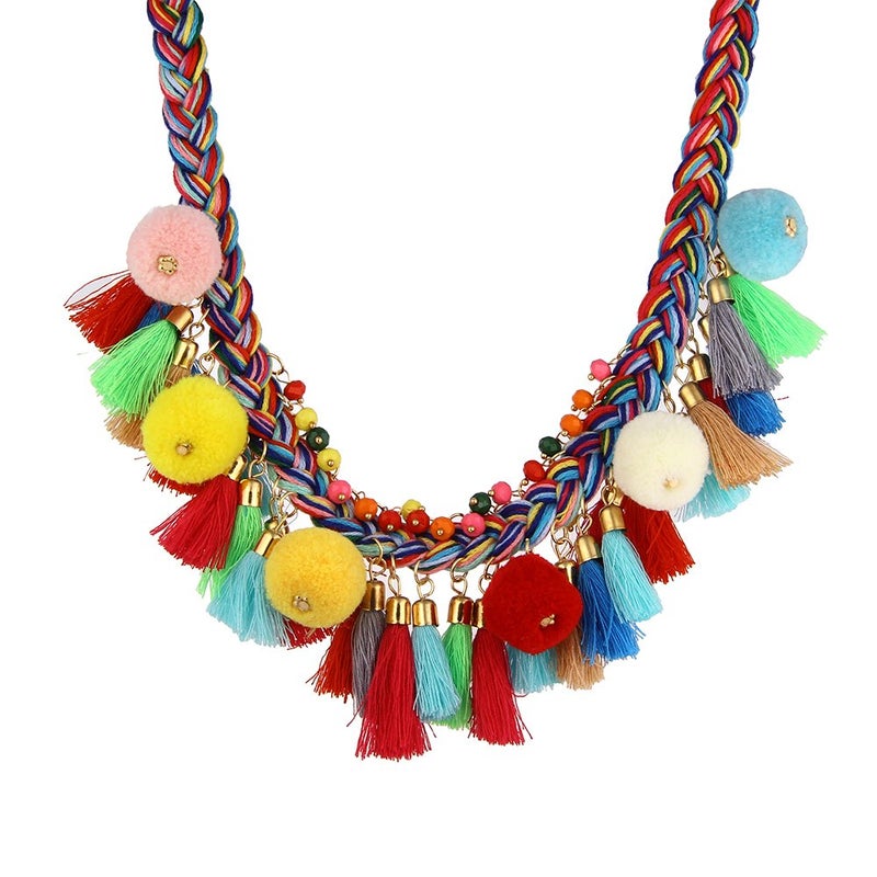 LUREME Bohemian Handmade Colorful Braided with Pom Pom and Tassels Statement Necklace Collar (nl005628) - Image 1